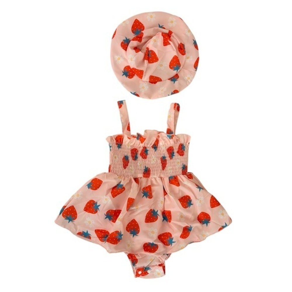NEW Baby Girls 9-12 Months Strawberry Romper With‎ Hat Set Pink